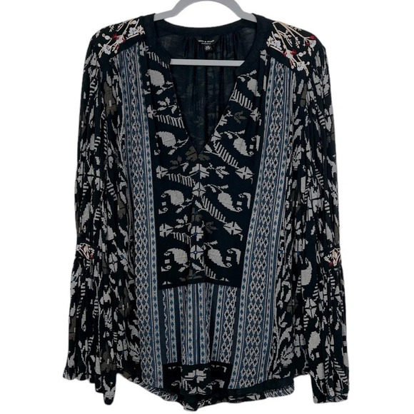 Lucky Brand Women’s L Black V-Neck Bell Sleeves Peasant Printed Tunic Top - Picture 1 of 8